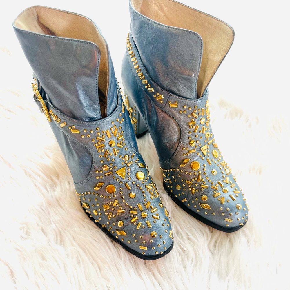Fantastic Gold Studded Blue Leather Boots Size 7